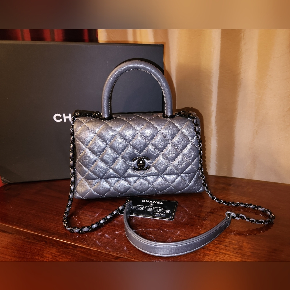 🔥Chanel Metalic Crumpled Calfskin Coco Top Handle Bag Full Inclusion Crossbody